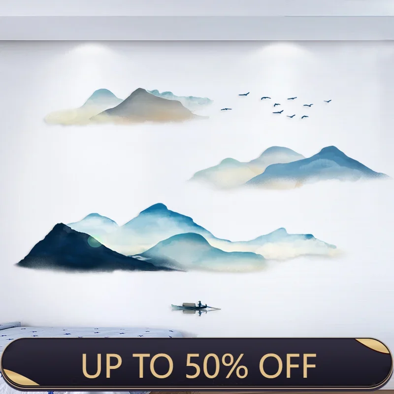 Ink Smudge Light Blue Mountain Background Wall Decoration Stickers Bedroom Bedside Chinese Artistic Conception Wall Stickers