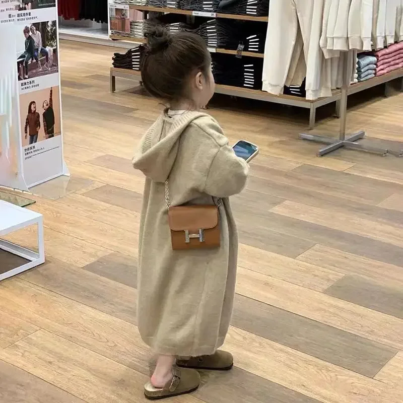 

Girls' Autumn and Winter Long Knit Sweater 2023 New Children's Casual Hooded Sweater Jacket Korean Children's Clothing