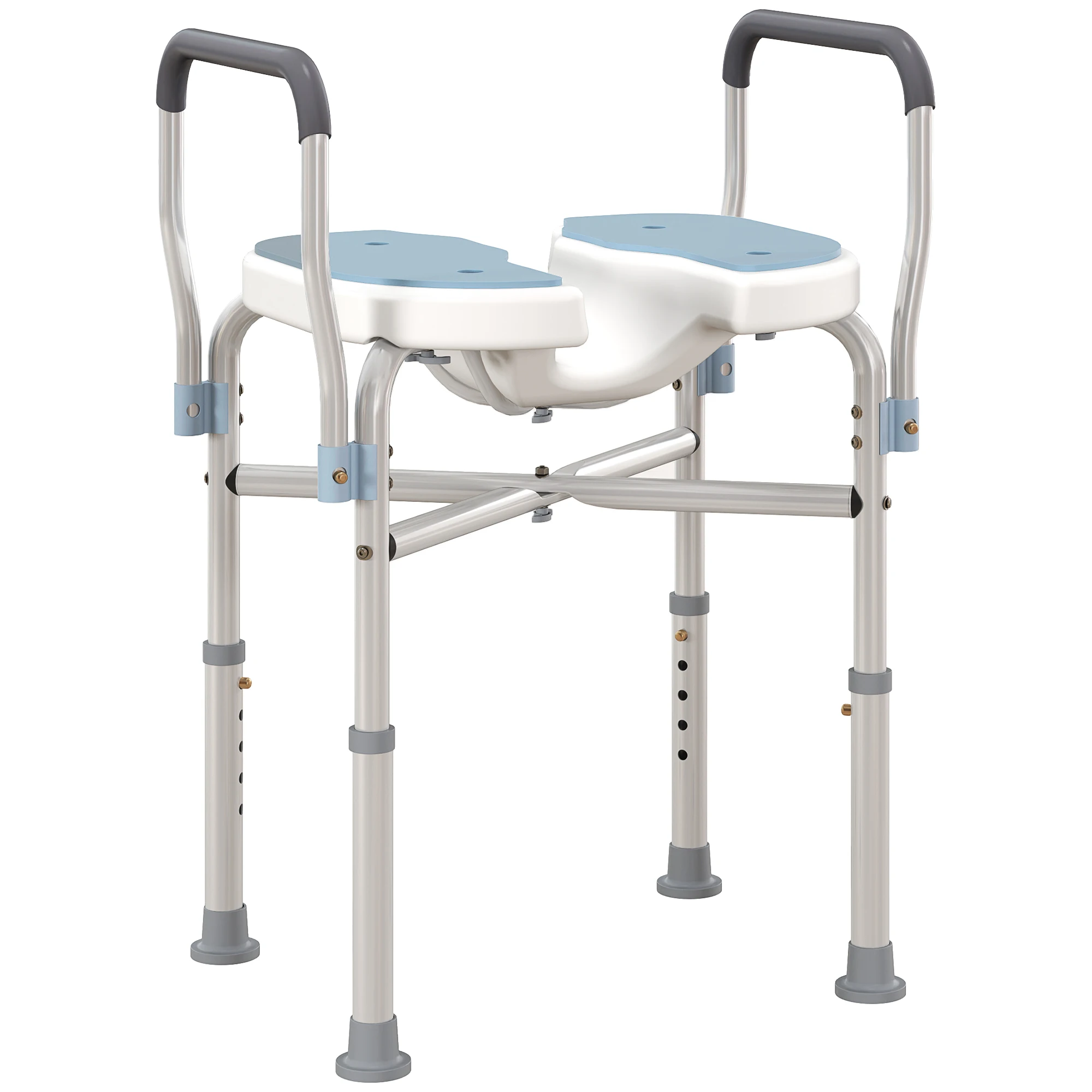 HOMCOM Chaise de douche avec accoudoirs, siège de douche, en forme de U, réglable en hauteur, patins anti-dérapants, tabouret de douche pour seniors, handicapés et blessés, bleu clair