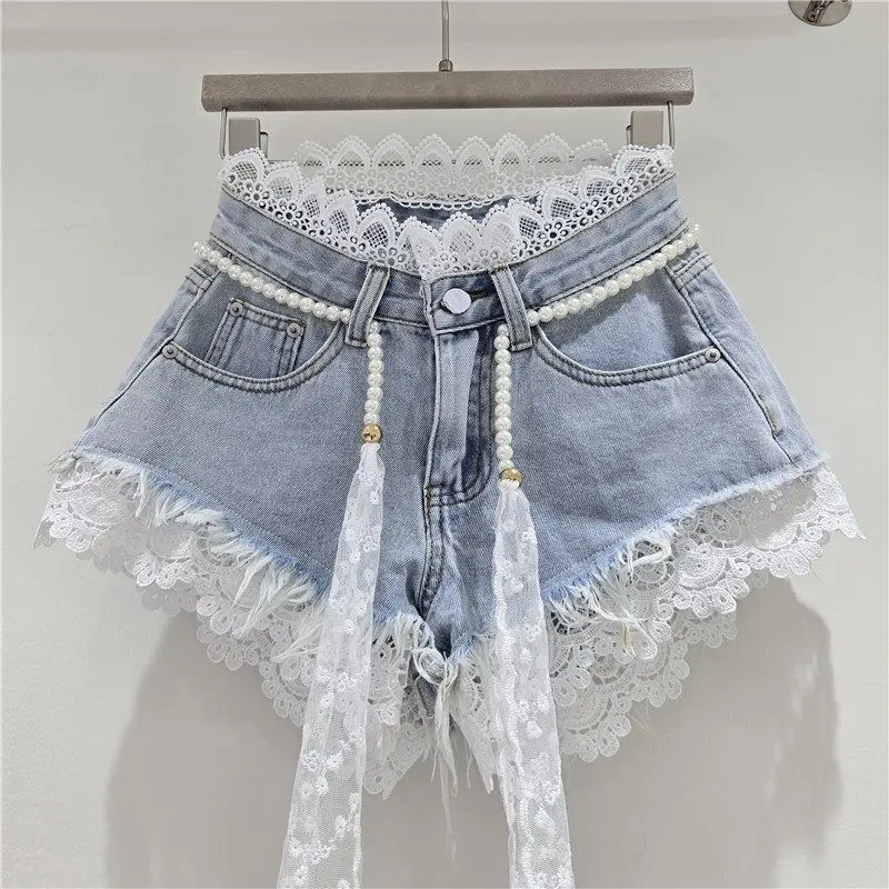 American Crochet Lace Denim Shorts with Pearl Sashes Summer Casual Fashion Women's Sweet Lace Patchwork Fringed Hot Jeans