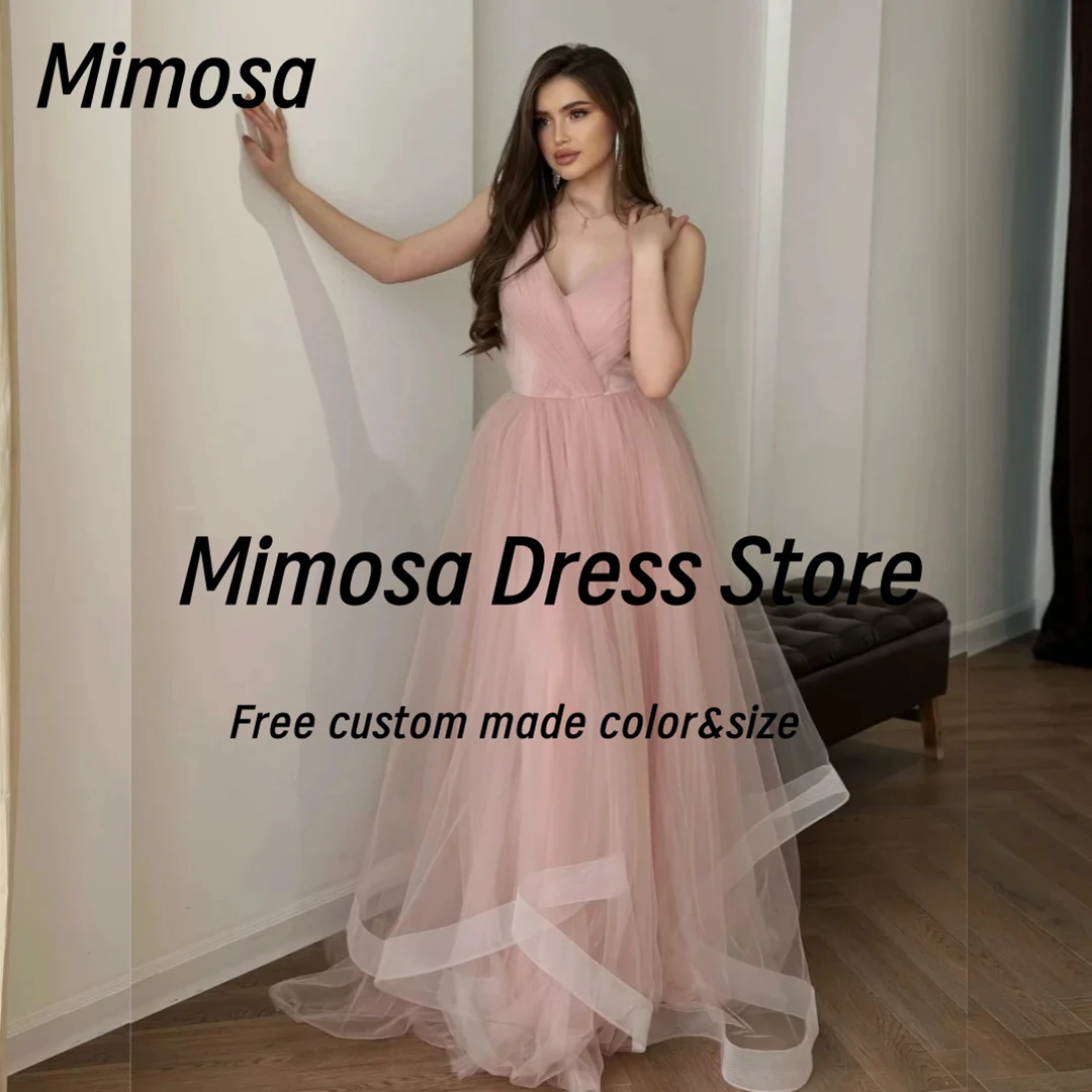 Mimosa Soft Tulle Ruffles Long Prom Dresses Spaghetti V Neck Evening Gowns Sleeveless Bridesmaid Dress for Weddings Customized