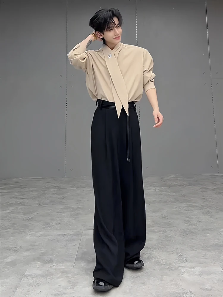 طقم رجالي أنيق من قطعتين مع تصميم حزام وحشوات للكتف قميص وبنطلون مجموعة خريفية عصرية من ليو بو #5