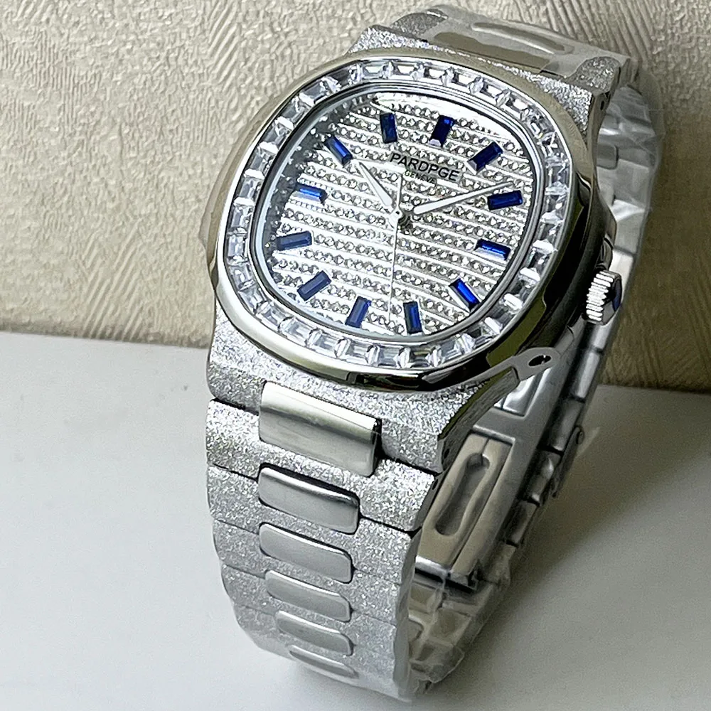 PARDPGE White sand steel case multi-drill case 42mm men\'s stainless steel automatic mechanical watch Date Blue Ding sparkle dial