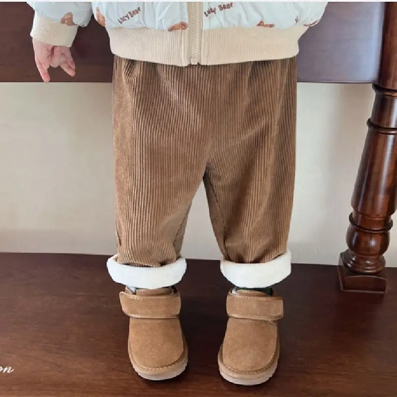Kids Corduroy Pants Fleece Lined Wide Leg Trousers Autumn Winter Warm Elastic Waist Vintage Casual Pants for 1-6Y Girls