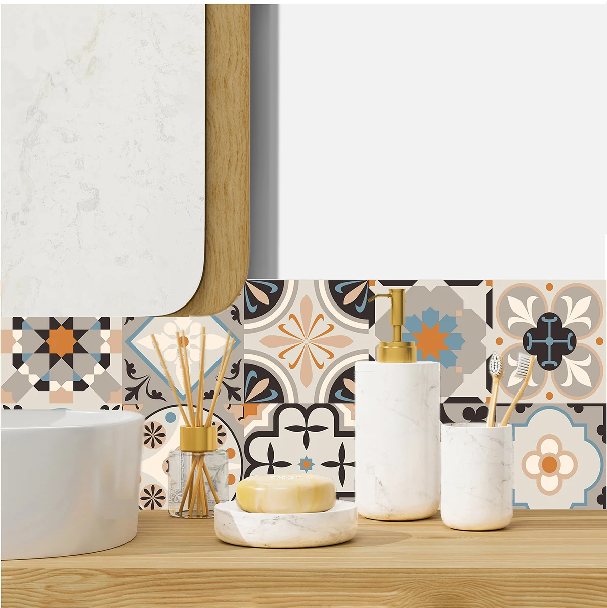 20 Pcs/pack Neutral Moroccan Geometric Floral Self-Adhesive Tile Stickers Vintage Boho Flower Decals Cabinet Wardrobe Home Decor