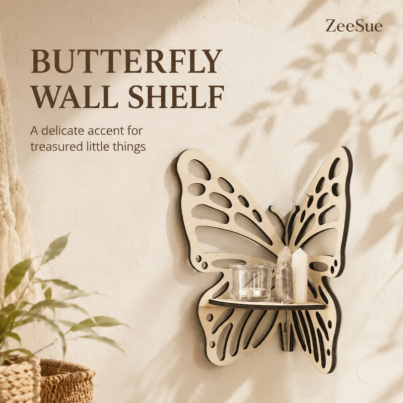 Butterfly-Shaped Wooden Floating Shelf, Boho Wall Organizer for Bedroom, Living Room, Nursery and Gift Décor