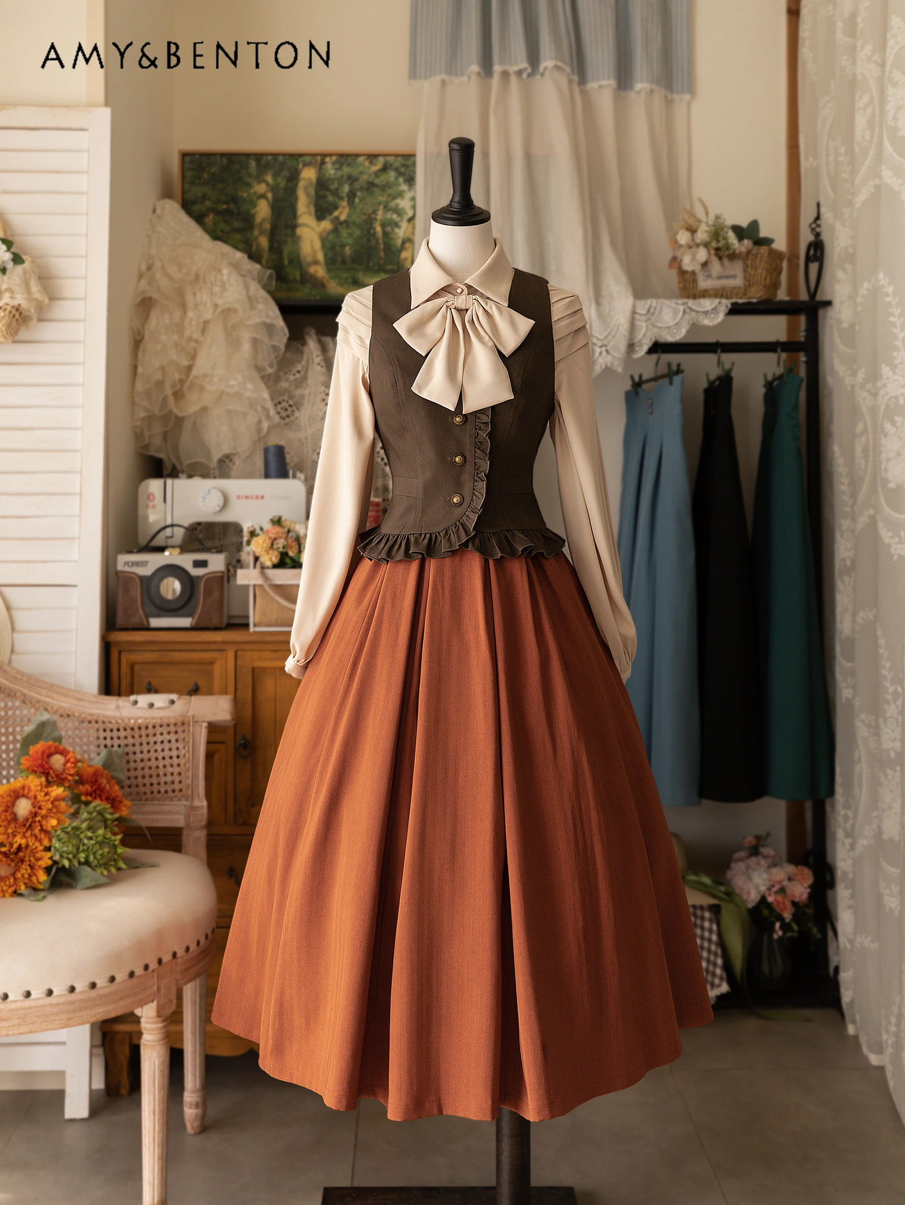 Saia retrô britânica de cintura alta feminina, graciosa saia lolita, saia midi-panturrilha fina, elegante e clássica, diária, primavera, todos os