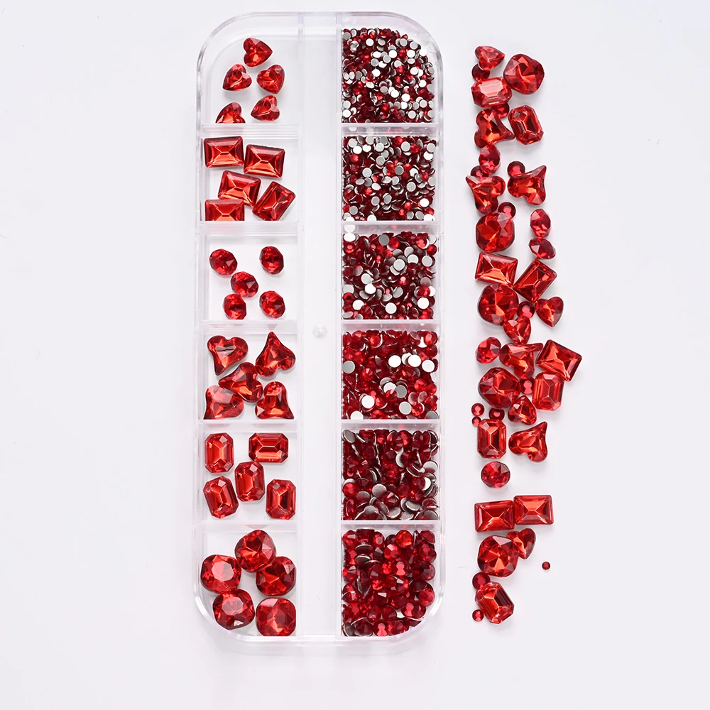 Sexy Red Round Glass Rhinestone with Multi-shape Nail Crystal Mixed Pointed-Bottom Nail Diamond 3D DIY Heart/Butterfly Nail Gems