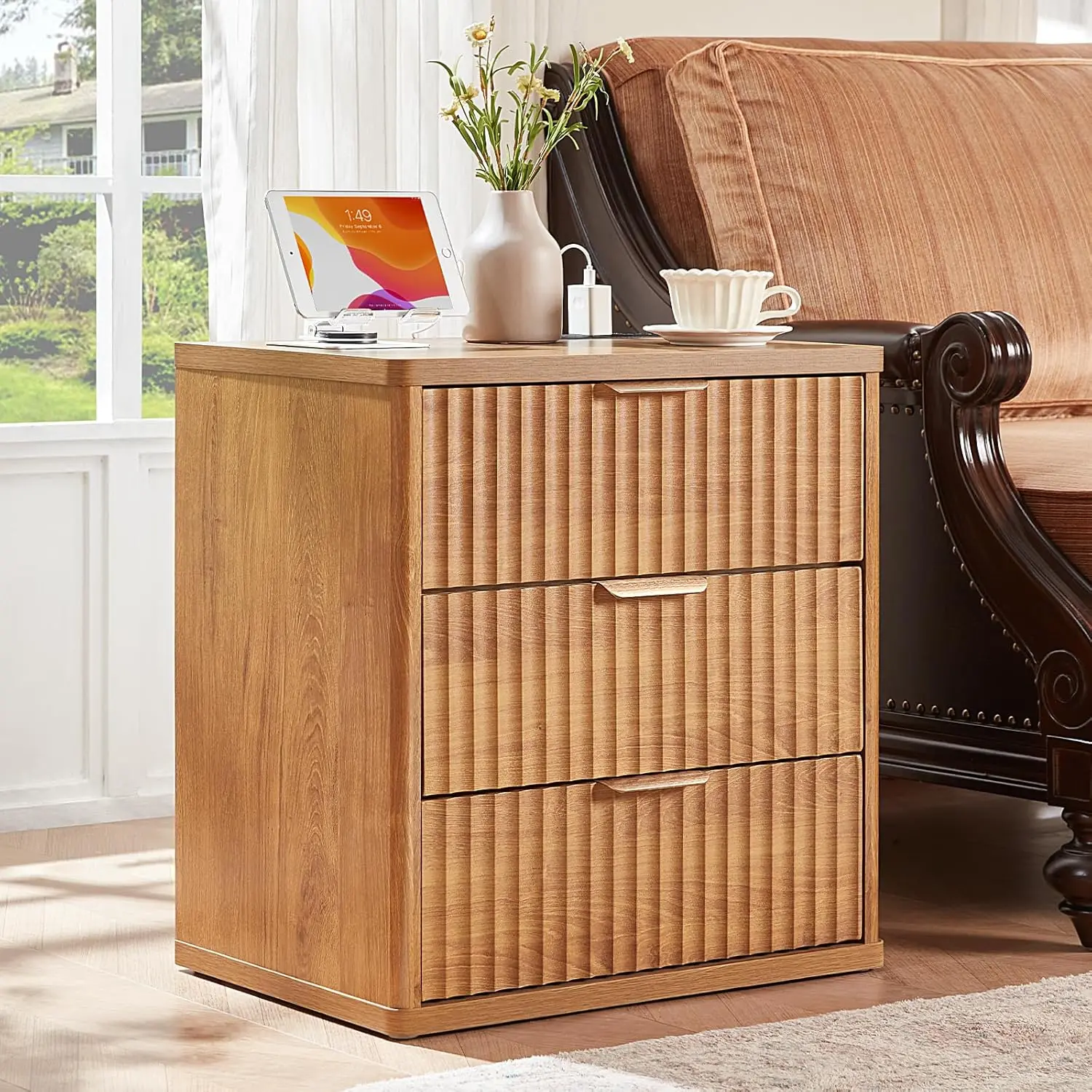 Fluted Nightstand with Charging Station, 23
