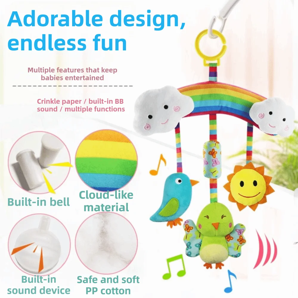 Giocattoli in Peluche per Neonati, Sonagli Sensoriali Morbidi, Campanello Colorato Arcobaleno, Giocattolo in Peluche con Funzione Massaggiagengive, Giocattolo per Seggiolino Auto 0-12 Mesi