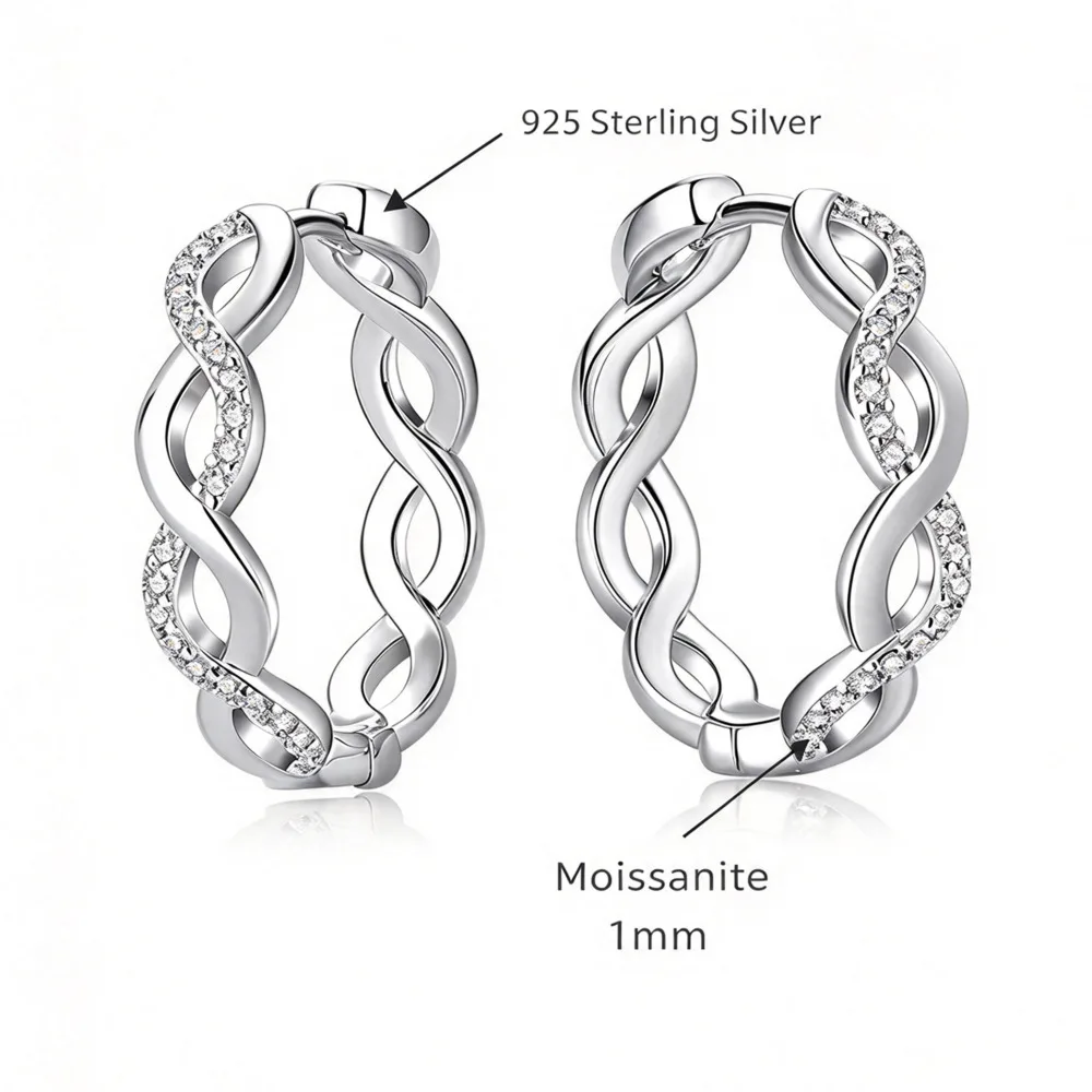 925 Sterling Silver Twisted Infinity Hoop Earrings Paved Moissanite Fine Jewelry Twist Shape Ear Hoops For Women Daily Gift