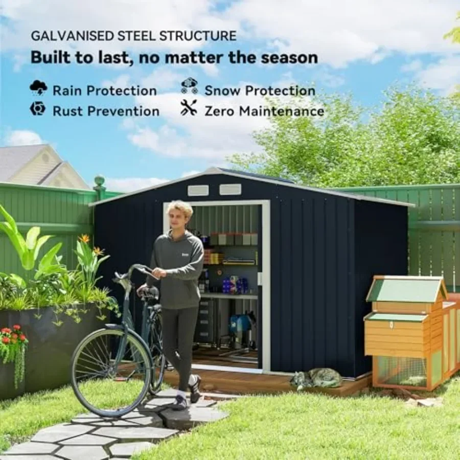 Outdoor storage shed for garden tools, metal construction, dark gray color, rust-resistant and weatherproof design