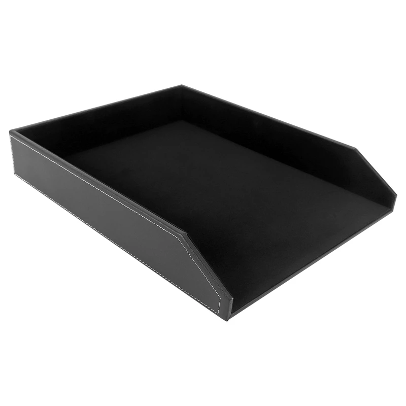 ●PU Leather Collection Letter Tray, Document Desk Organizer,Stackable Office File Document Tray Holder (Black)-ABFB