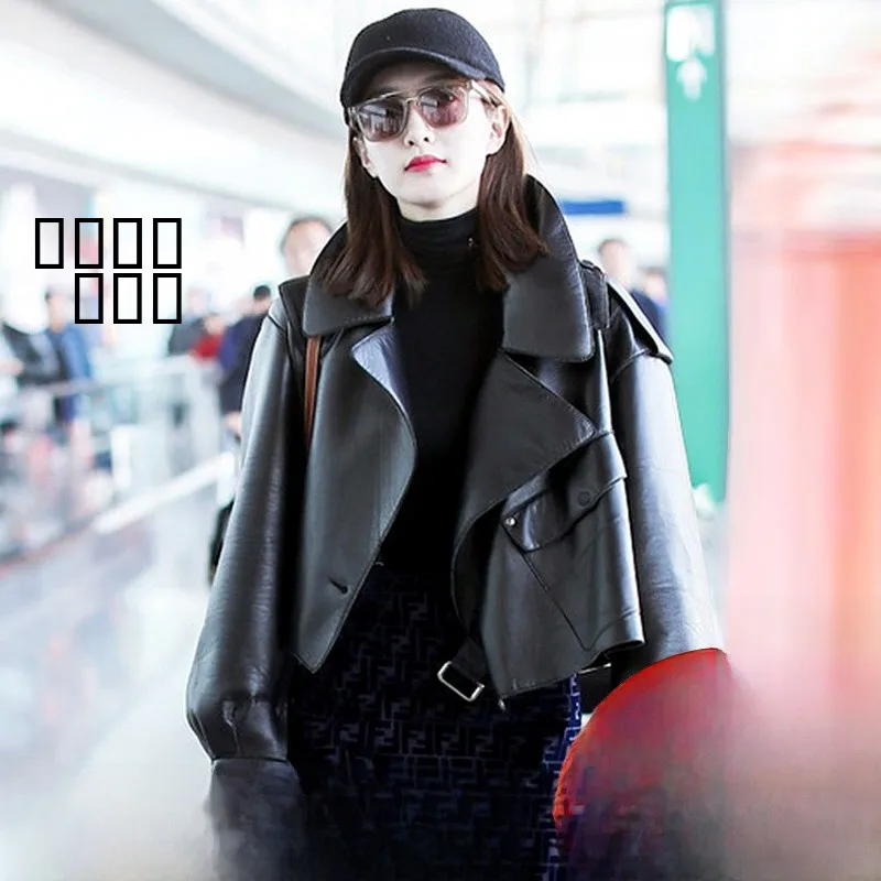 แจ็คเก็ตหนังแท้ Jiang ung Haining สำหรับผู้หญิง สไตล์ลำลอง ใส่ได้ทั้งฤดูใบไม้ผลิและฤดูใบไม้ร่วง ทรงหลวม สไตล์นักขี่มอเตอร์ไซค์ แจ็คเก็ตหนังแท้ ไซส์เล็ก เสื้อคลุมตัวนอก