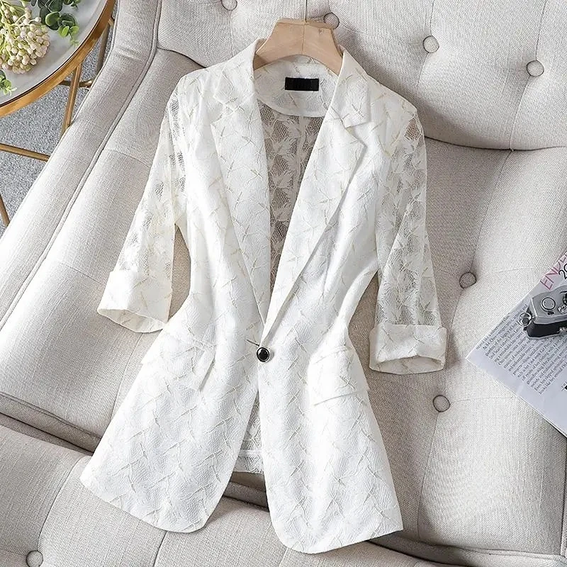 2024 Spring Summer Suit Women Coat 4XL Size Sunscreen New Lace Flower Blazers Blouse Jacket Air-Conditioned