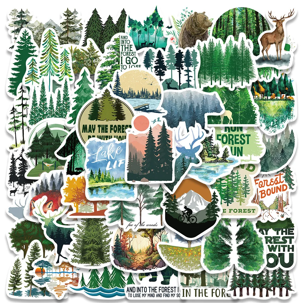 50PCS Forest Nature Stickers Waterproof Green Vinyl Decals Watercolor Tree Deer Bear Fox DIY Stickers for Scrapbooking Laptop