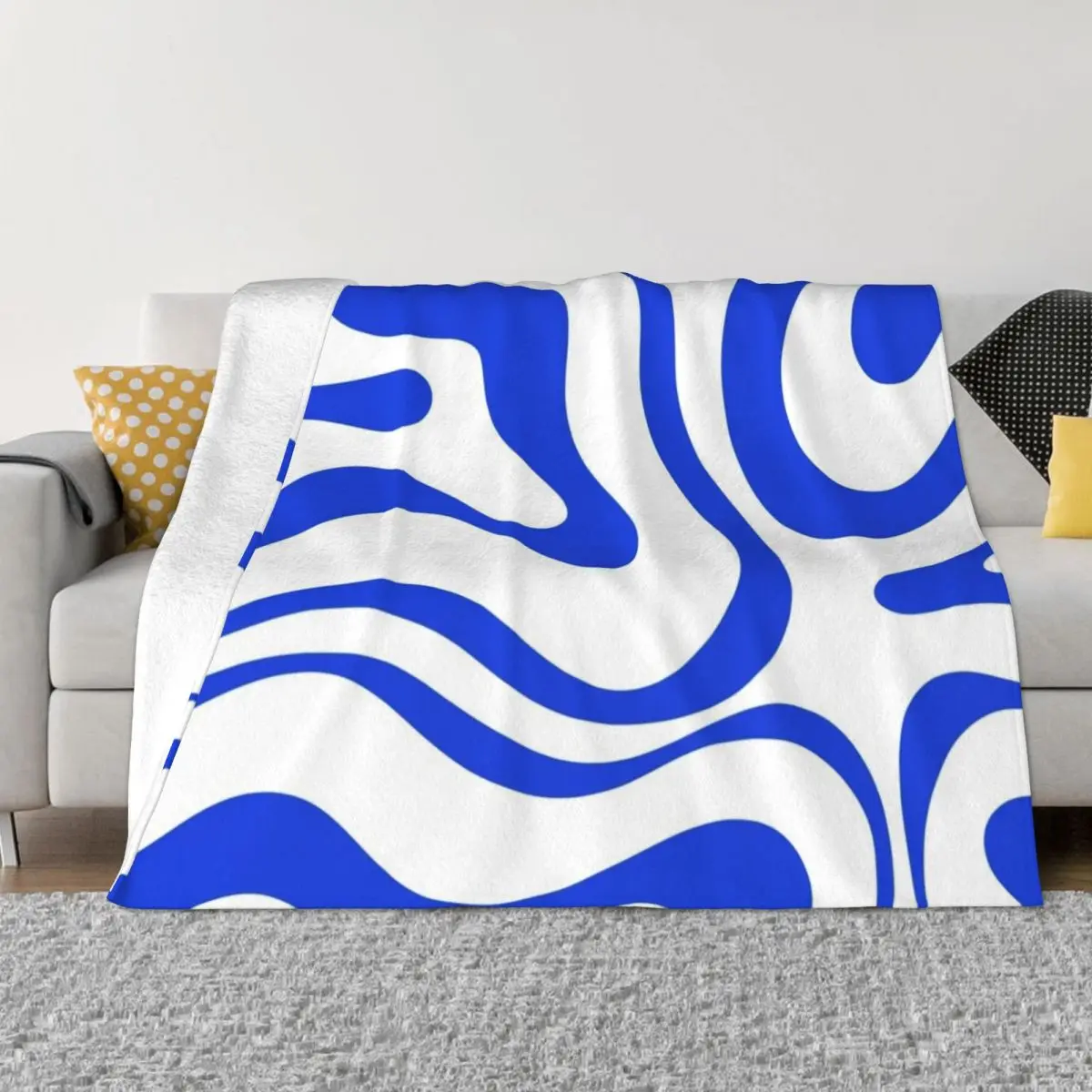 

Retro Modern Liquid Swirl Abstract Pattern Square in Royal Blue and White Throw Blanket Personalized Gift Blanket Fluffy