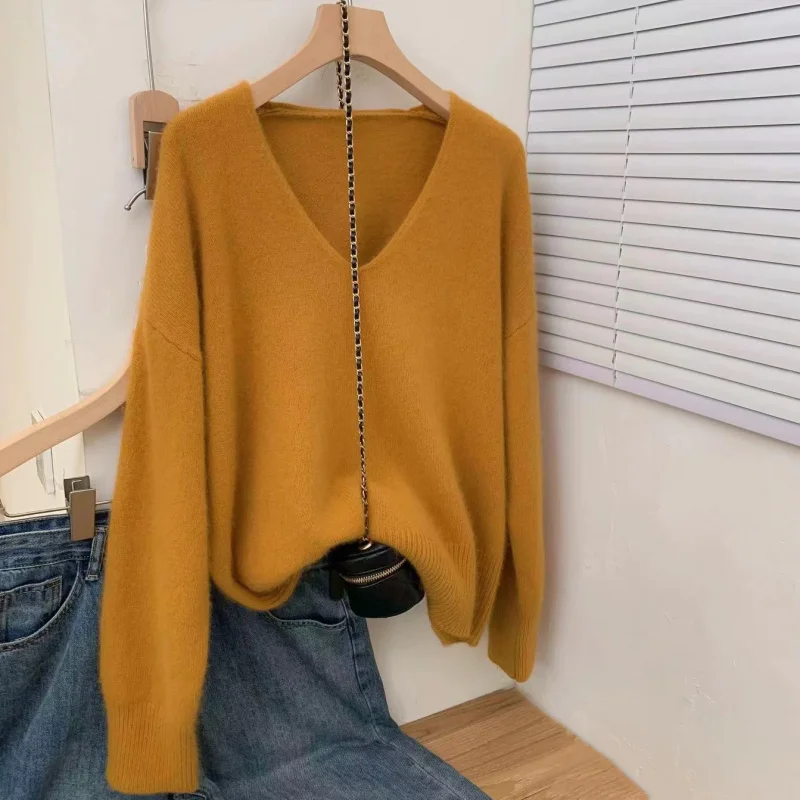

% Wool Sweater Women'S Pullover Sweater Autumn Winter New Loose Slimming Base Shirt Simple Solid Color Inner Wear