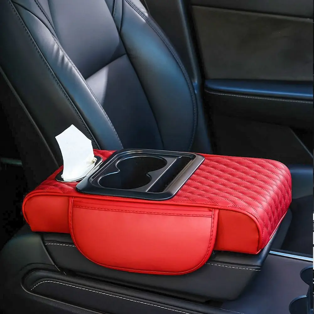 Draagbaar armleuningkussen middenconsole Multifunctioneel PU-leer auto-armleuningkussen met bekerhouder Tissue Box