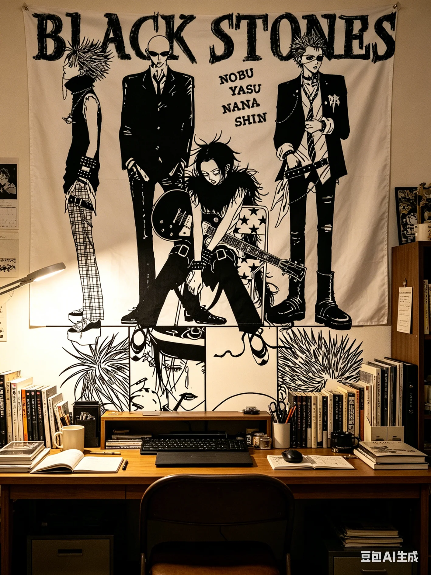 1PC Black Stones Band Tapestry, Anime Nana Inspired Wall Hanging, Punk Rock Aesthetic Room Decor for Bedroom Living Room