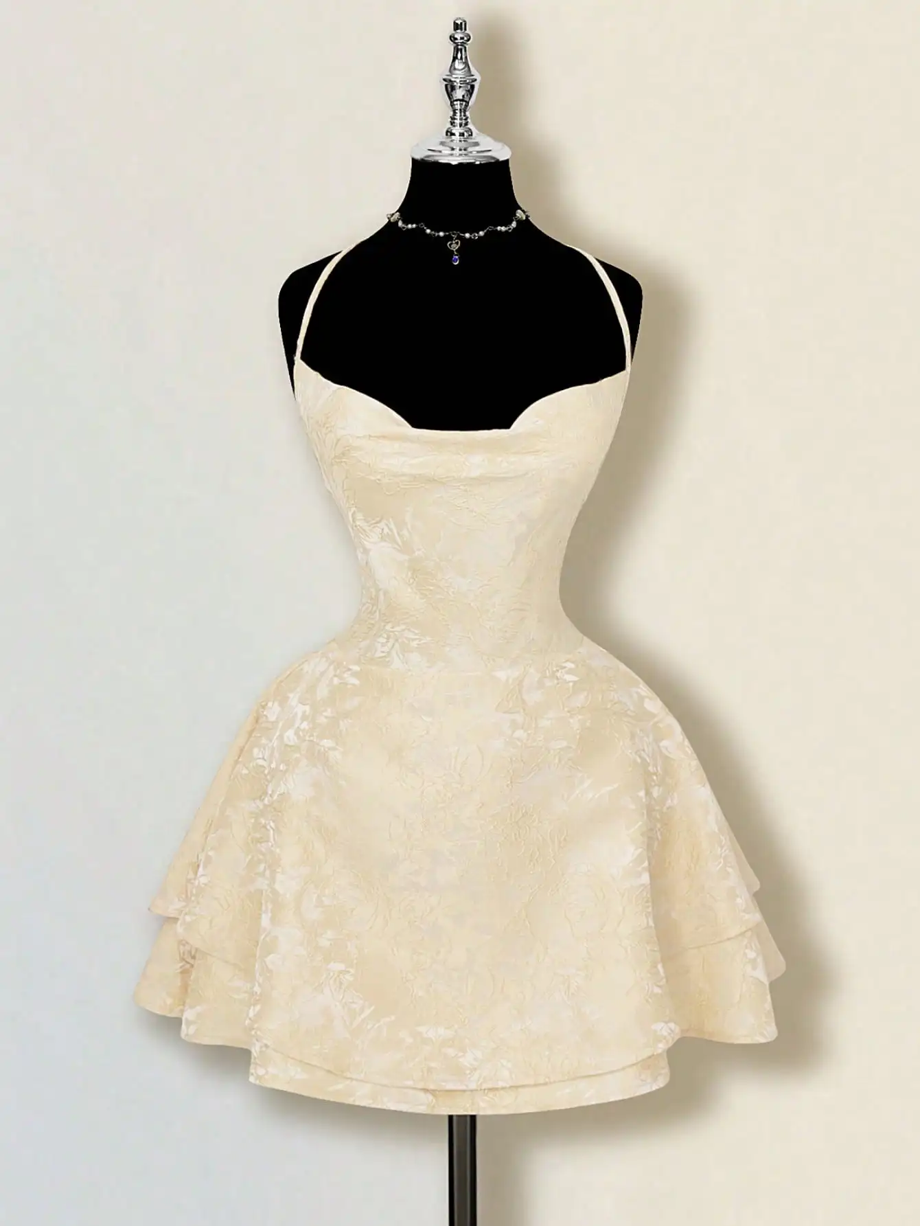 Plunging Neck Jacquard Mini Dress, Backless Tie-Up Elegant Party Club Dress for Women