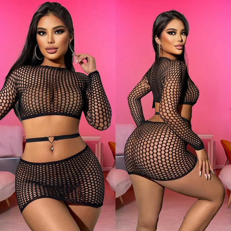 

Dress hollowed out bikini set fishing net lingerie women's bag hip skirt pajamas love belt sexy tоy for women pain in the night
