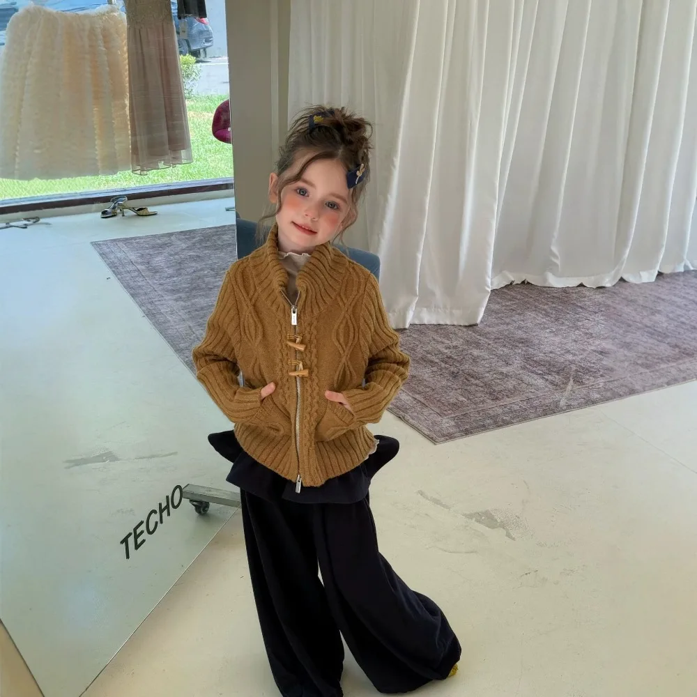 Girls Knit Cardigan 2026 Autumn Winter New, Korean Soft Cable Knit Stand Collar Zip Coat With Horn Buttons For Kids Girls