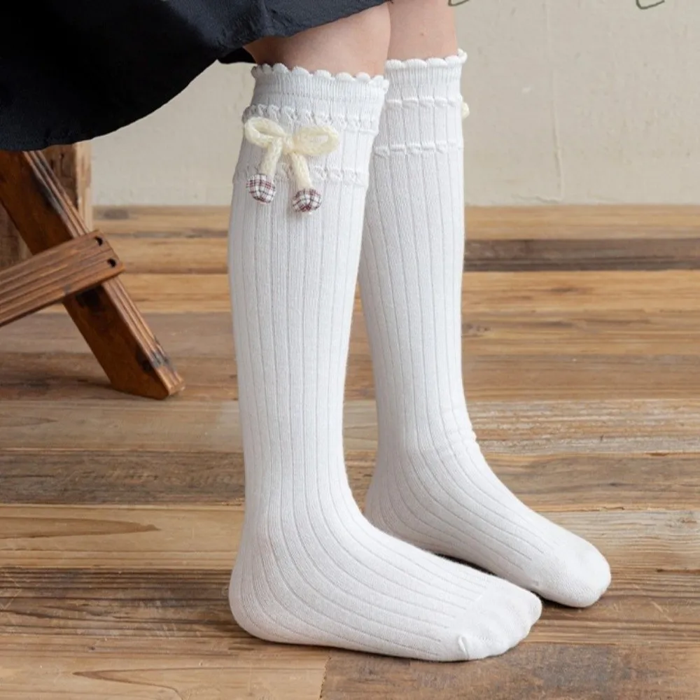 Knee High Length Knee High Socks Knitted Material Sweet Bow Uniform Socks Ruffled Cuff Calf Length Slouch Socks Academy Style