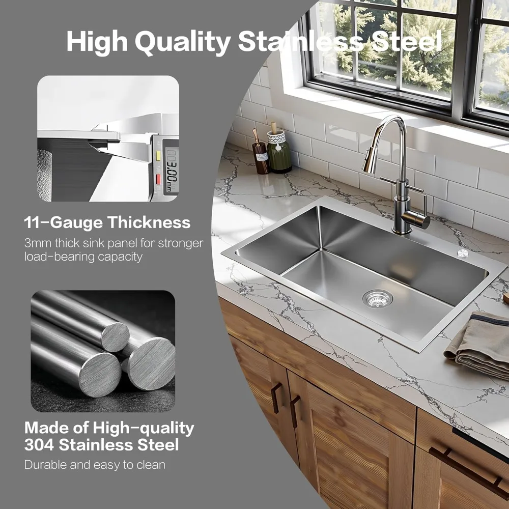 Drop in Kitchen Sink Topmount 16 Gauge S304 Stainless Steel Kitchen Sinks Handmade Modern Single Bowl Deep Sink with Accessories