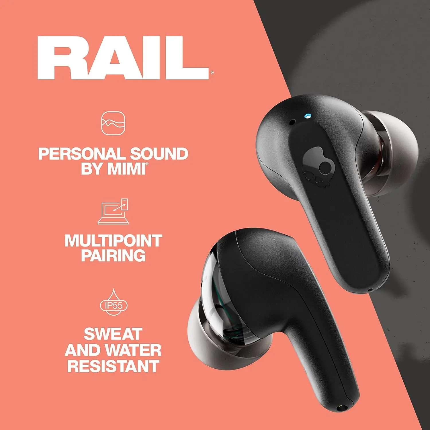 SKullcandy Rail True Black wireless BT in-ear headphones, sports in-ear headphones gaming earbuds