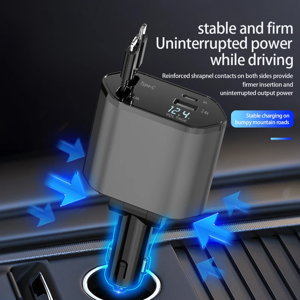 4 IN 1 Retractable Car Charger Mobile Phone USB PD Type C Cable For iPhone 120W Fast Charge Cord Any length QC Adapter