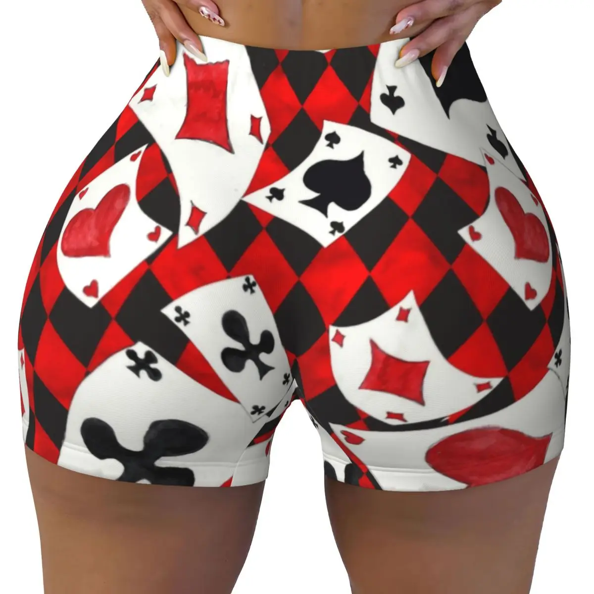 Custom Women's Cool Poker Playing Cards Pattern Workout Yoga Shorts Gambling Card Game Gym Athletic Biker Running Shorts