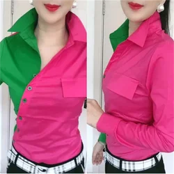 Contrast Shirt Women's Blouses Slim Shirt Patchwork Top Casual Woman Clothes Streetwear Long Sleeve Cardigan Button Female Blous