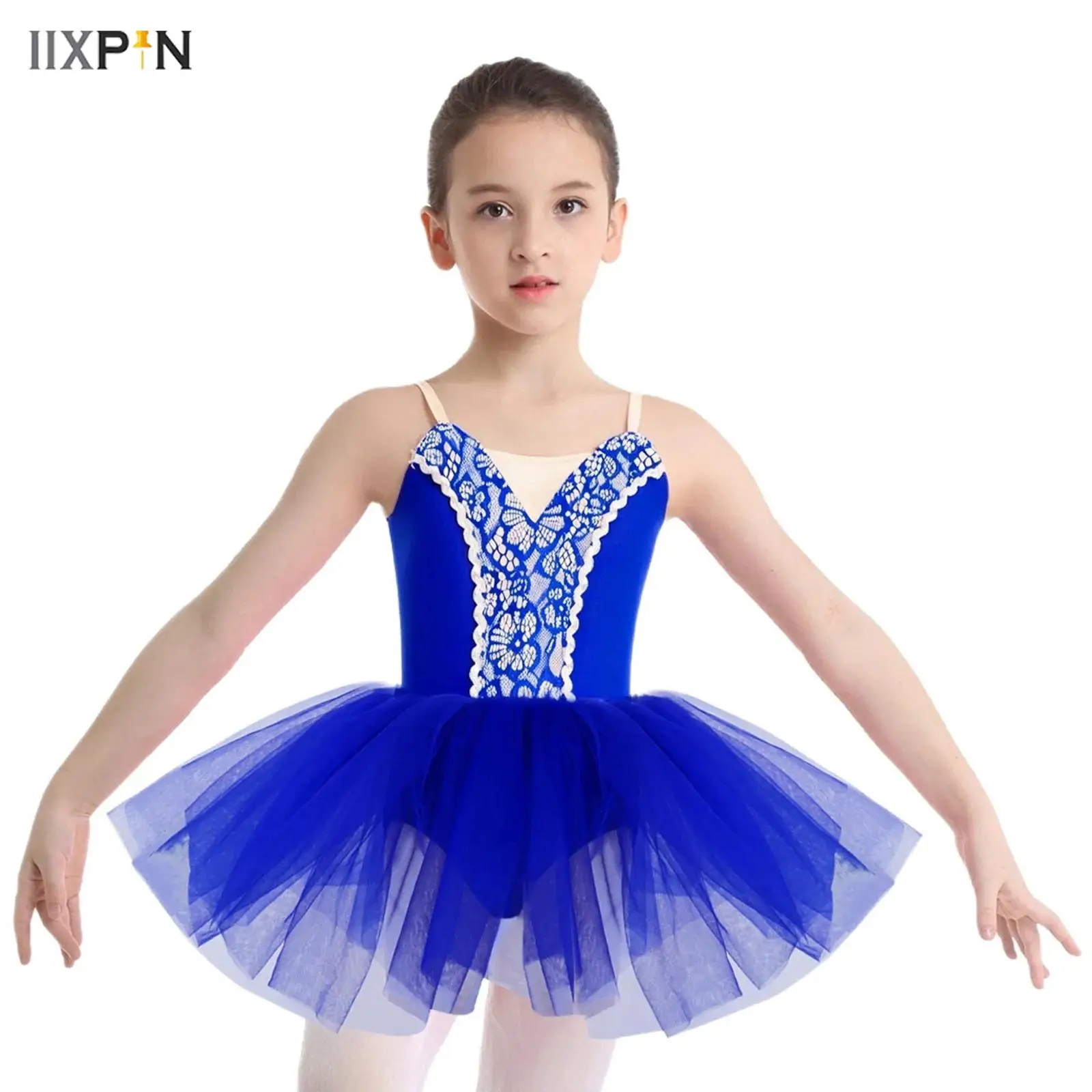

Kids Girls Professional Ballet Dance Performance Costume Sleeveless Adjustable Spaghetti Straps Front Lace Tutu Dress Dancewear