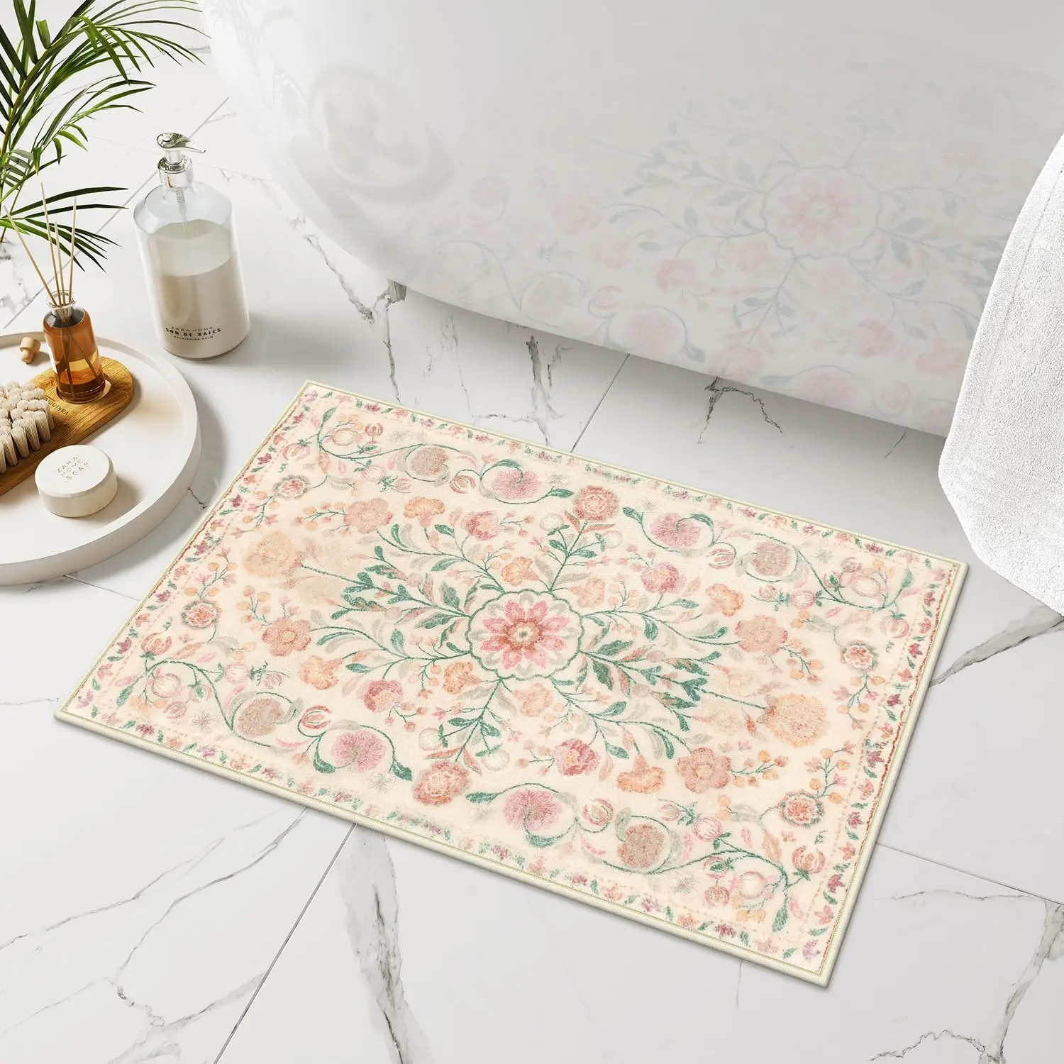 

Бежевый коврик для ванной с цветочным узором, ультрамягкий, нескользящий, винтажный дизайн, можно стирать в машине, для ванной, туалета, раковины, душевой, 18x26 дюймов