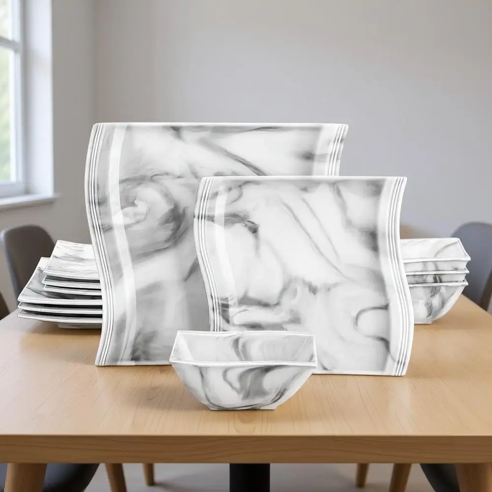 

12-Piece Porcelain Dinnerware Set, Microwave and Dishwasher Safe, 4 Marble Square Ceramic Dish Set