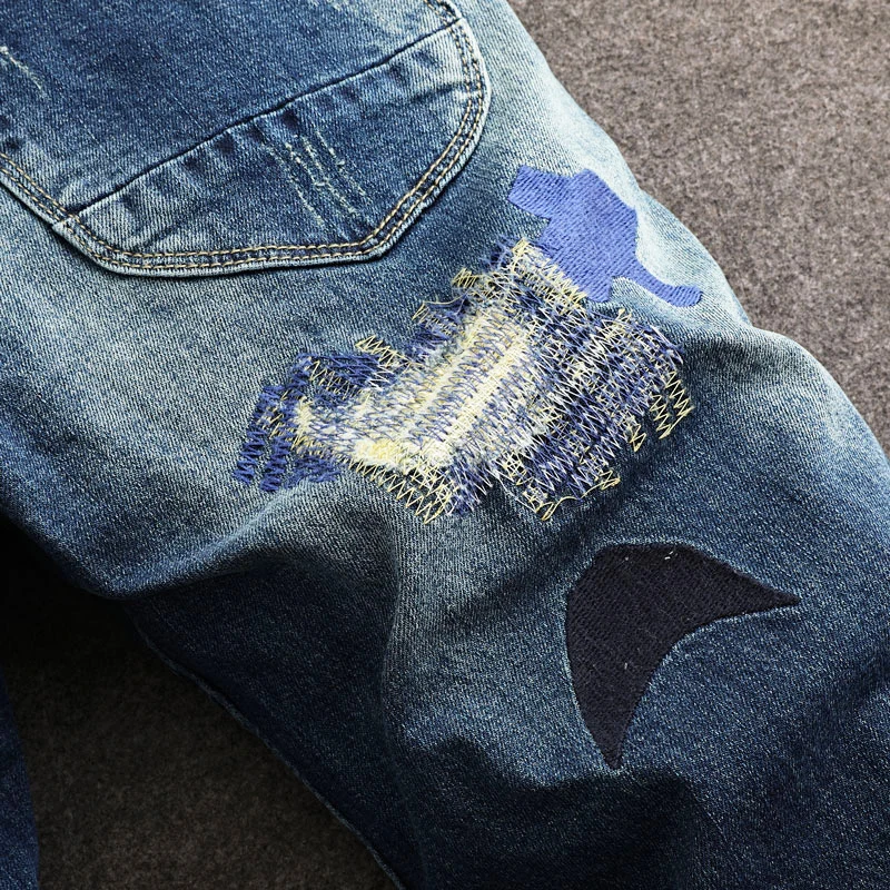 Street Fashion Men Jeans Retro Blue Stretch Slim Fit Patched Ripped Jeans Men Embroidery Designer Hip Hop Vintage Denim Pants