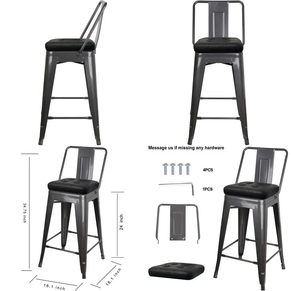 

24-Inch High Bar Metal Stool with Black PU Leather Seat, Set of 3, Gunmetal Gray