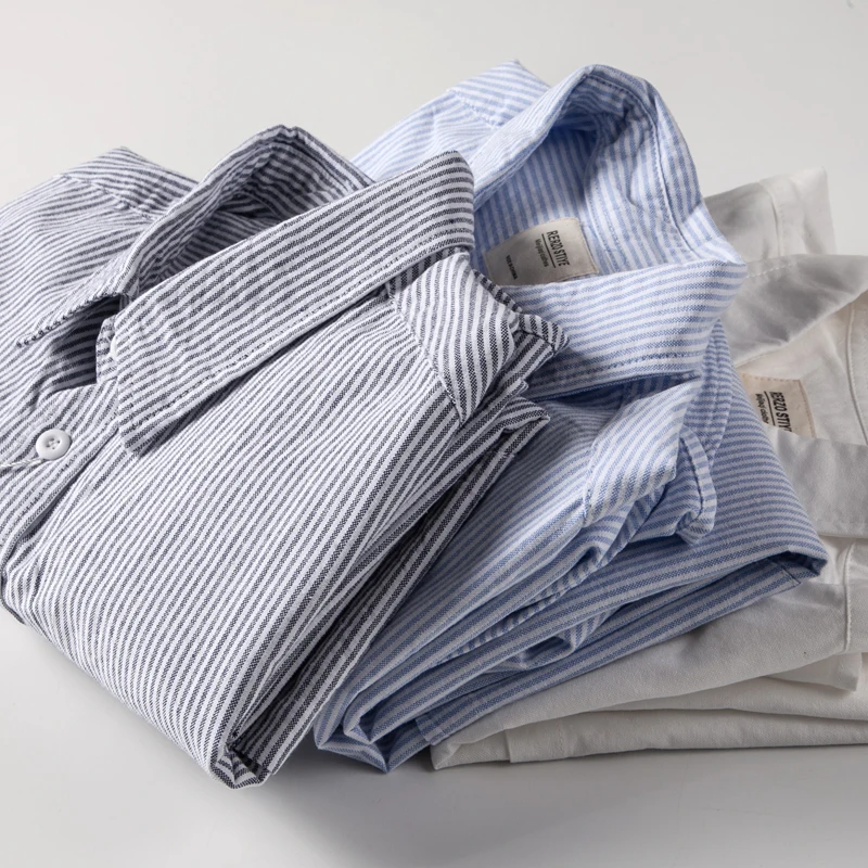 Japanese Vintage Long Sleeve Men\'s Casual Shirt Pure Cotton Oxford Weave Spring Autumn Versatile Washed Stripes Loose Fit Shirt