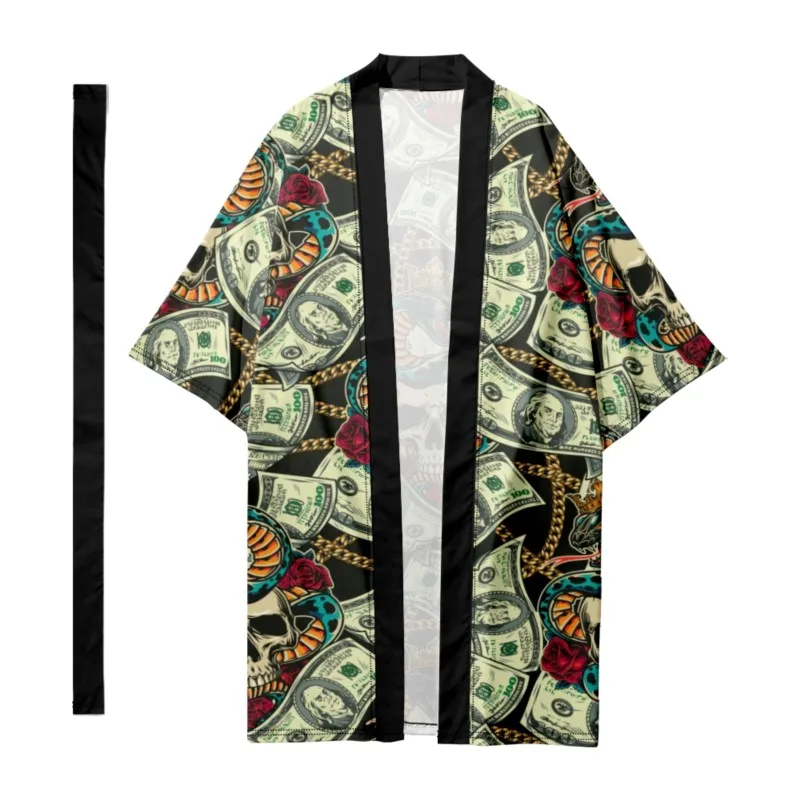 

Men's Japanese Traditional Skull Snake Pattern Stripes Long Kimono Cardigan Samurai Bathrobes Kimono Shirt Yukata Jacket