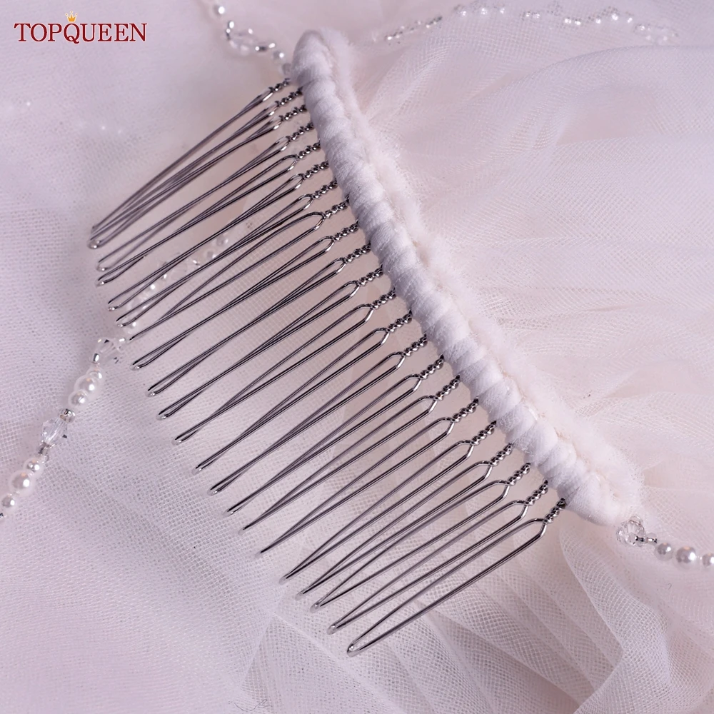 TOPQUEEN V107 Uzun Gelin Veils Kristal Boncuklu Düğün Duvağı Kristal Kenarlı 1 Katmanlı Süper Yumuşak Gelin Peçe Kısa