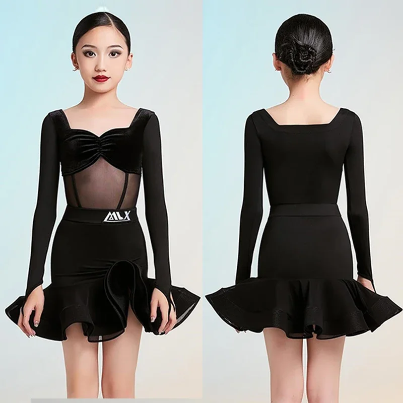 

Kid Velvet Latin Dance Practice Costume Girl's Samba Tango Dancing Clothes Cha Cha Waltz Dancer Set Line Dance Clothing