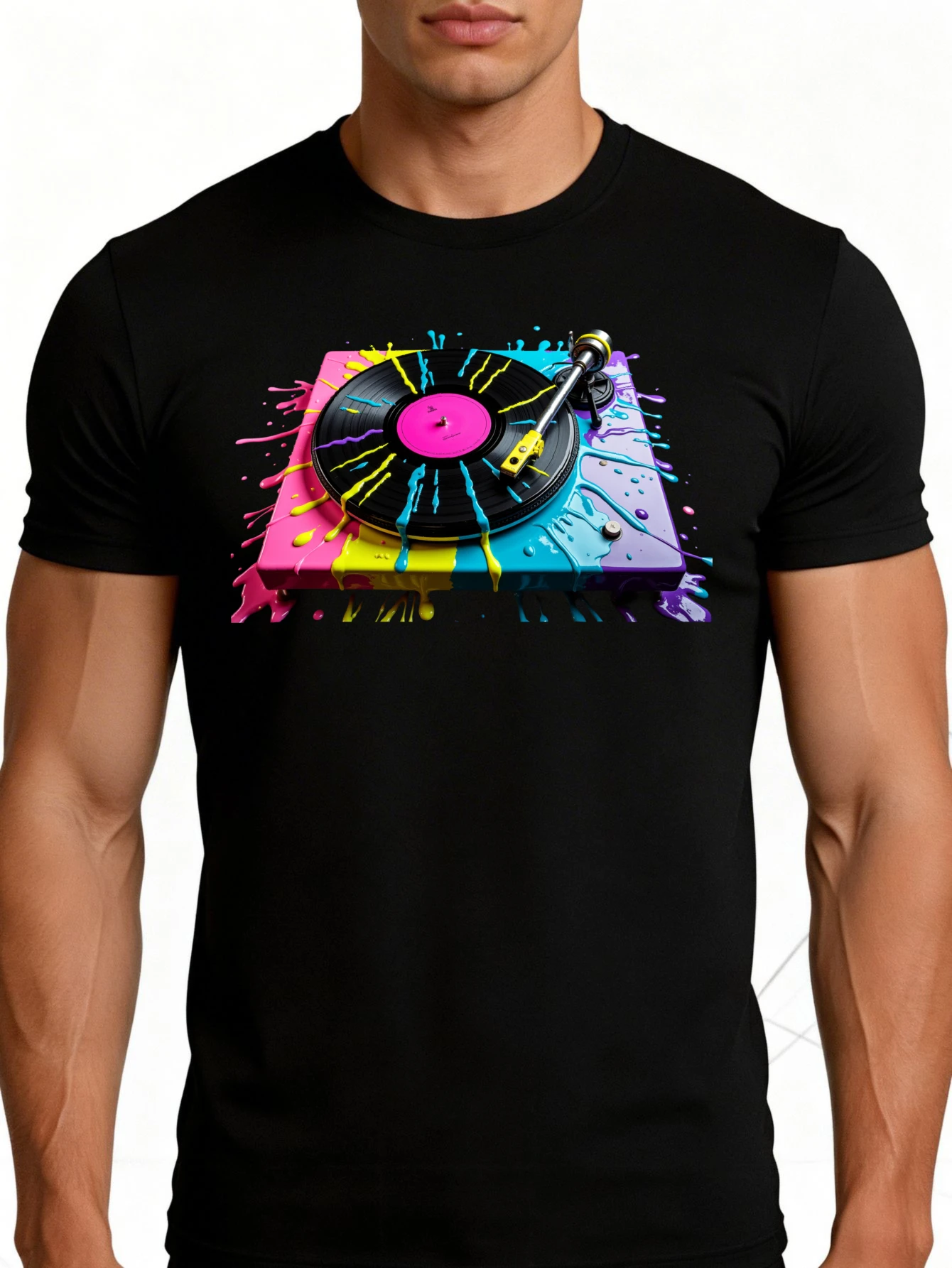 Men's Graphic T-Shirt - Breathable, Soft, Lightweight - Colorful Turntable and Vinyl Record - Retro Fun Pattern Casual Short Sleeve Summer Top, Gift for Him