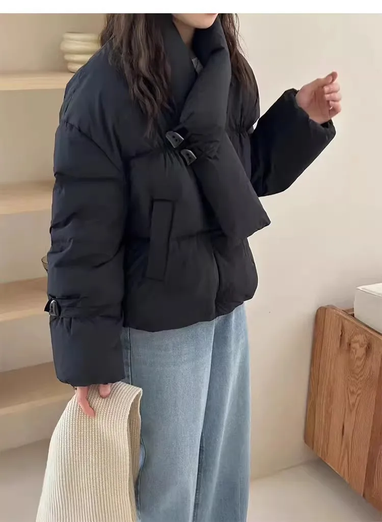 여성용 겨울 탑 재킷 다운 코트 스카프 카울 버튼 따뜻한 두꺼운 빈티지 심플 편안한 새로운 부드러운 겉옷