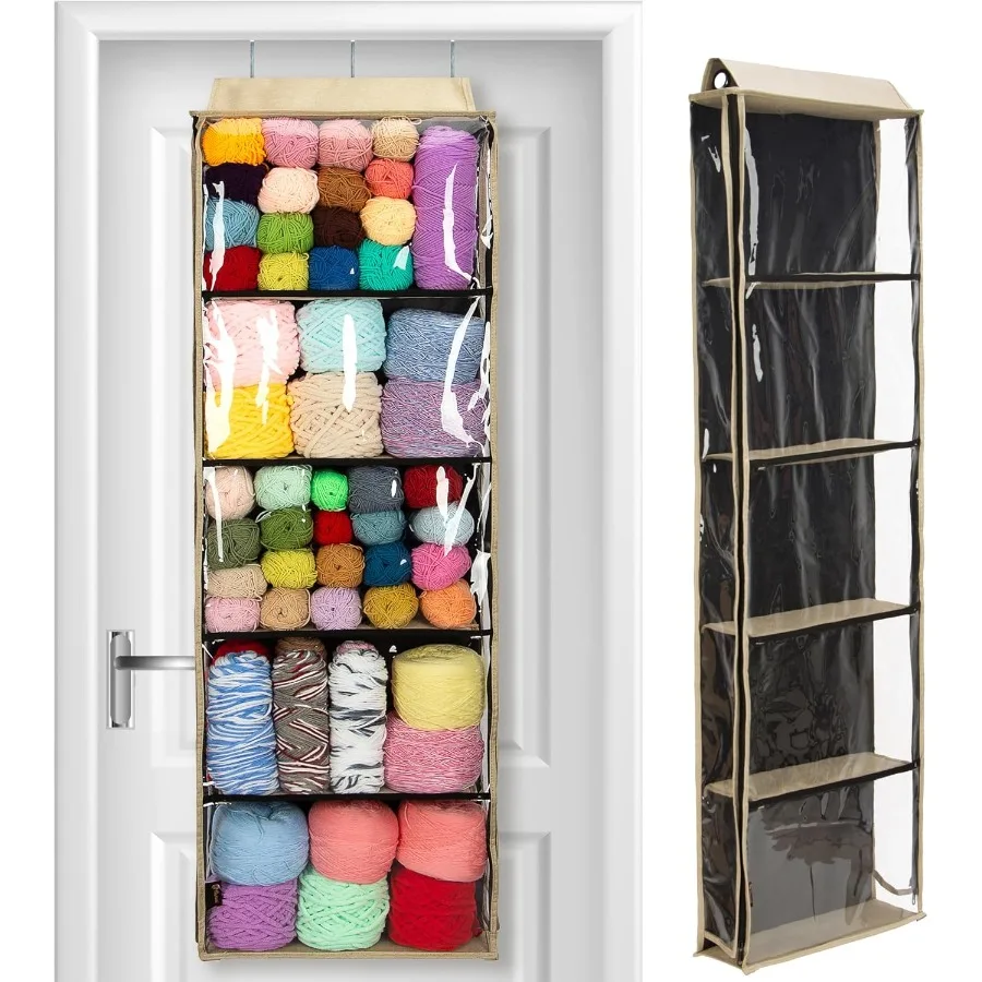 

Large Size Hanging Yarn Storage Organizer with 5 Compartments for Knitting and Crochet Accessories Clear Wall-Mounted Bulk Yarn