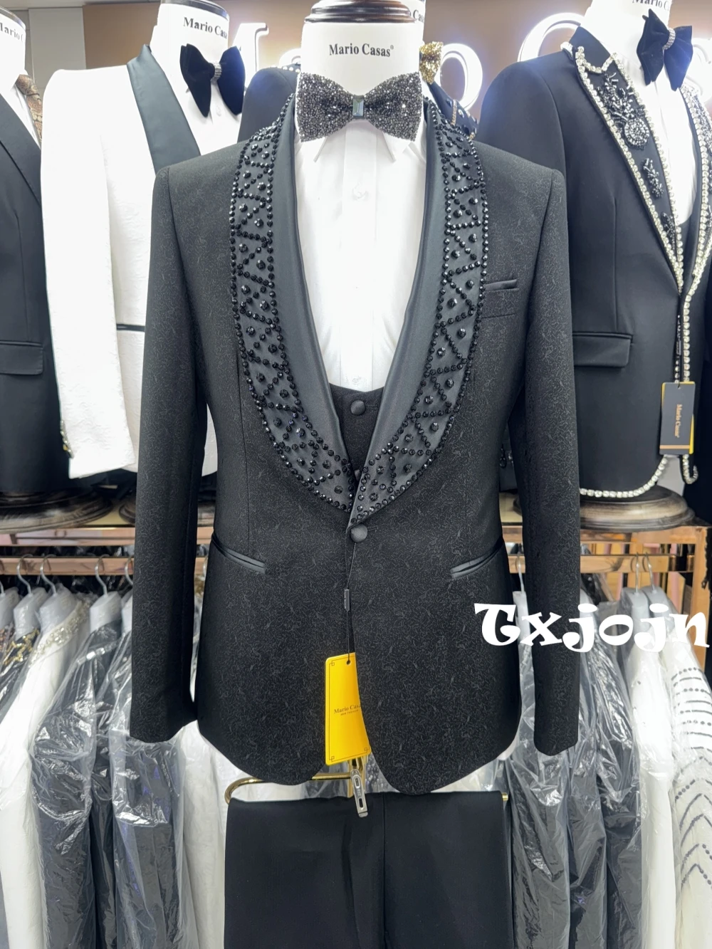 

Новый жаккардовый роскошный мужской облегающий комплект из 3 предметов с бисером, свадебный комплект жениха, элегантный костюм с шалью и лацканами, смокинг для банкета, вечеринки, S-3XL