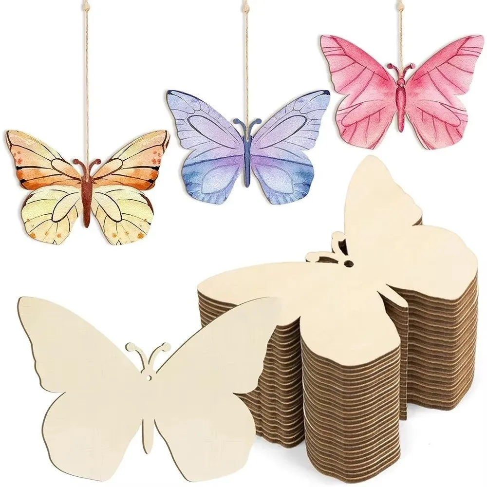 10pcs With Flowers Wooden Decorative Plaques Hanging With Butterflies Unfinished Wood Craft Pieces Handmade Art Craft