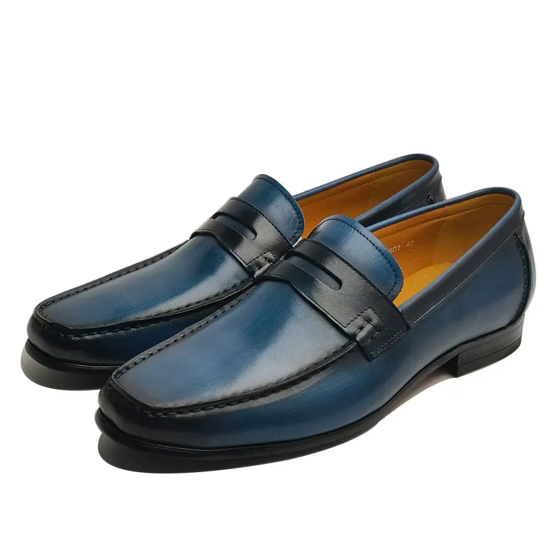 Trendy Blue Men's Leather Shoes Breathable Spring Summer Office Dress Casual Slip-on Loafers Anti-Slippery One Step Loafers Shoe