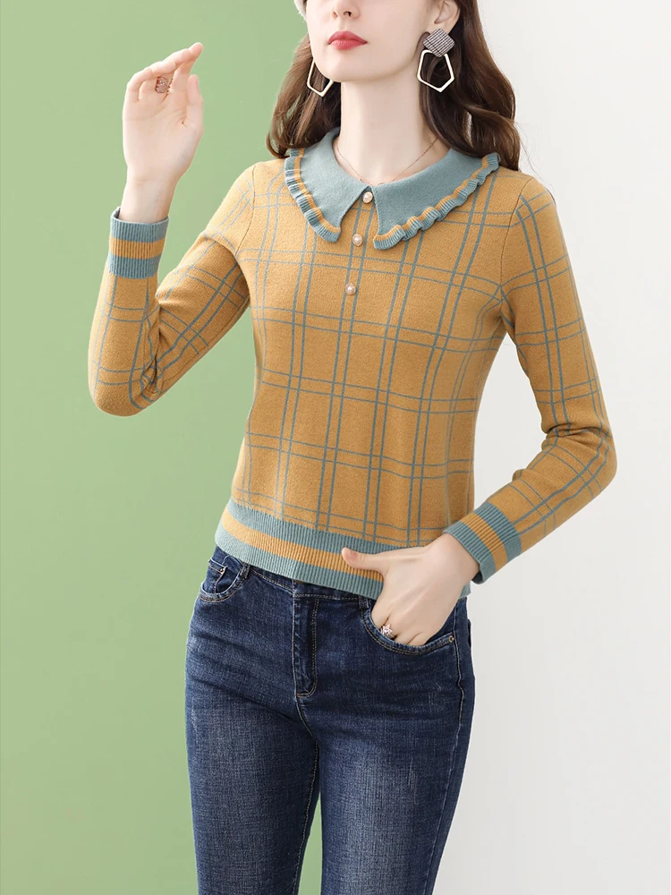 EVNISI Women Yellow Plaid Knitted Blouse Peter Pan Collar Casual Long Sleeve Tops Winter Knitwear Pullover Streetwear 2022