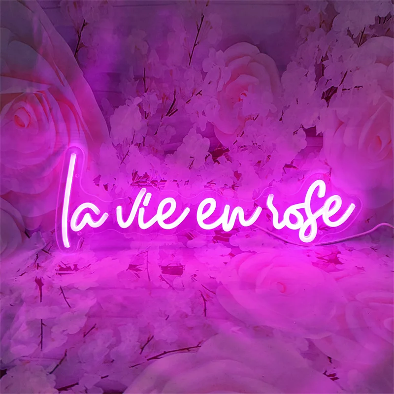 La Vie En Rose Neon Sign LED Light Wall Hanging Acrylic Room Decor Neon Sign Light for Bedroom Aesthetic Decoration Girls Gifts